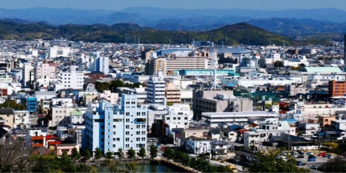 和歌山市街の俯瞰風景、ビルや住宅が立ち並び、背景には山々が見える