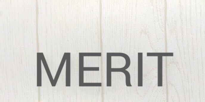 白木目調の背景にシンプルに書かれた「MERIT(メリット)」