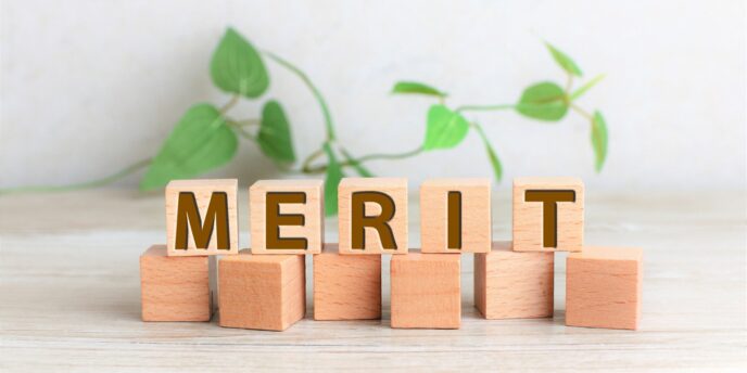 木製ブロックに並べた “MERIT” の文字と観葉植物