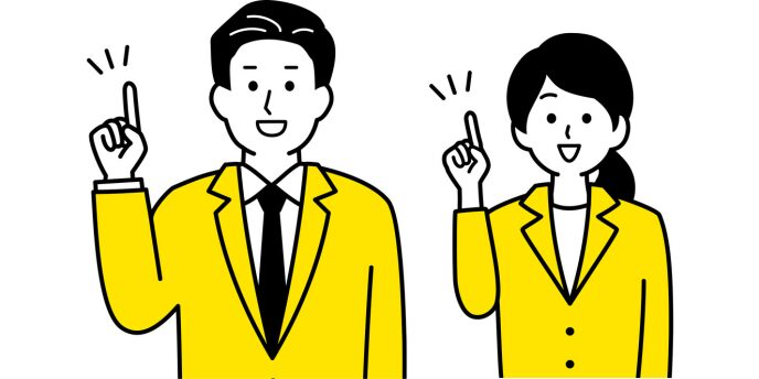 指を立てて説明する黄色いスーツ姿の男性と女性イラスト